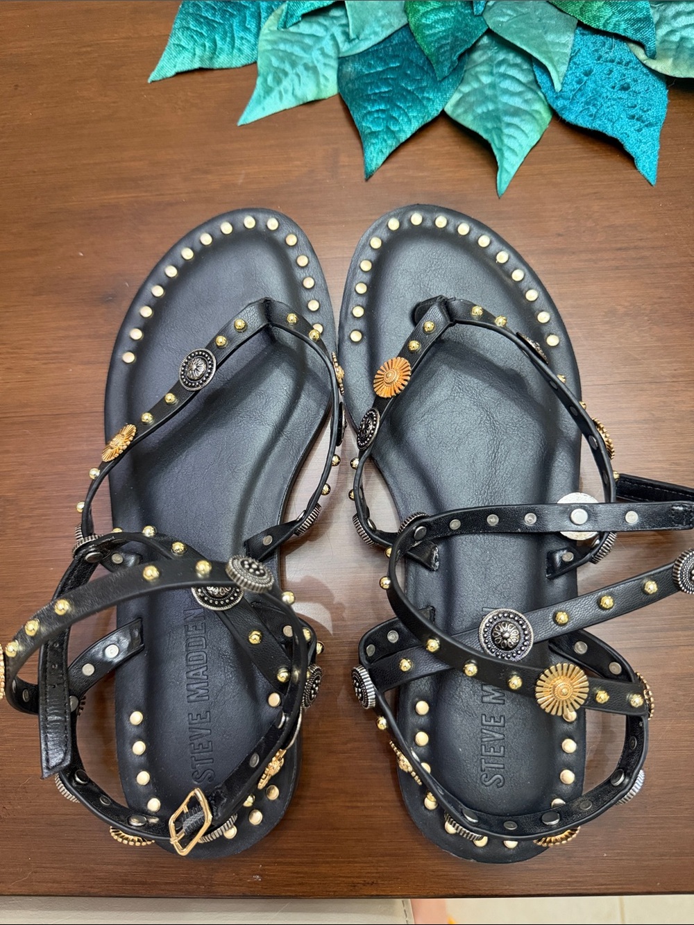 Steve Madden Black Studded T-Strap Sandals with Medallions